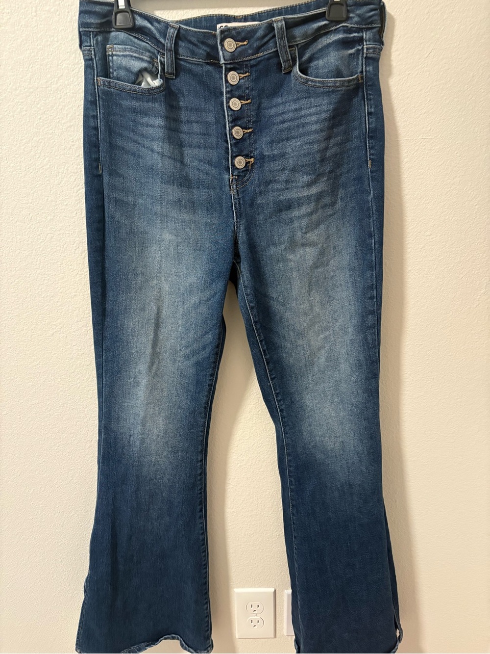 SO Women's Mid-Blue Flare Jeans with Button-Fly